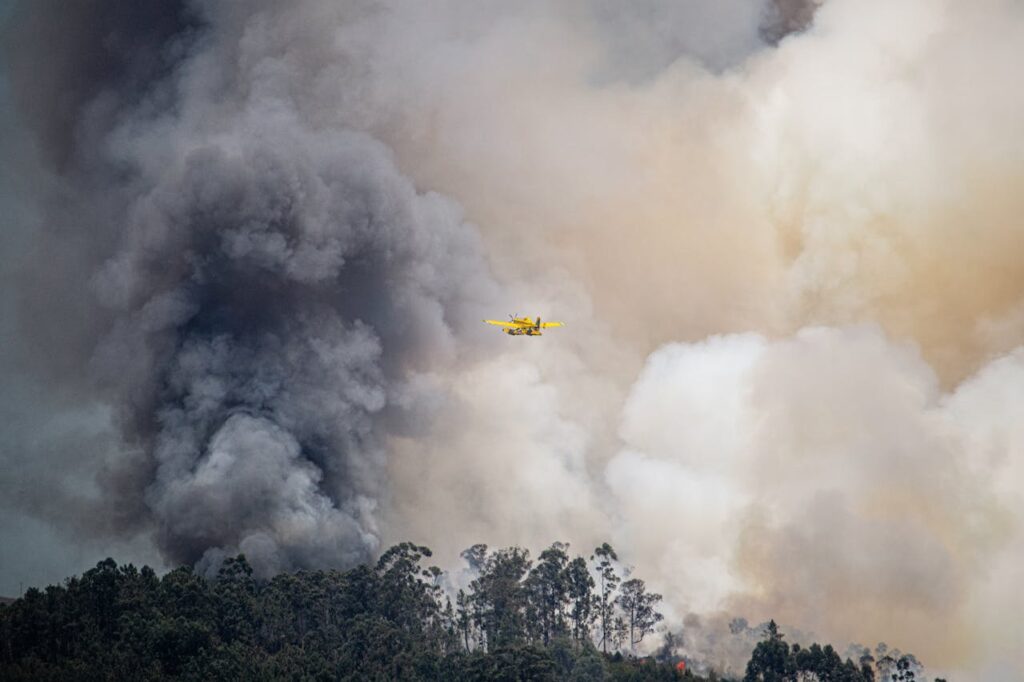plane flying towards wildfire smoke