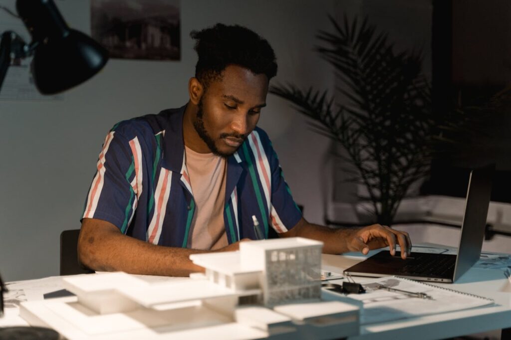 worker at desk working at night